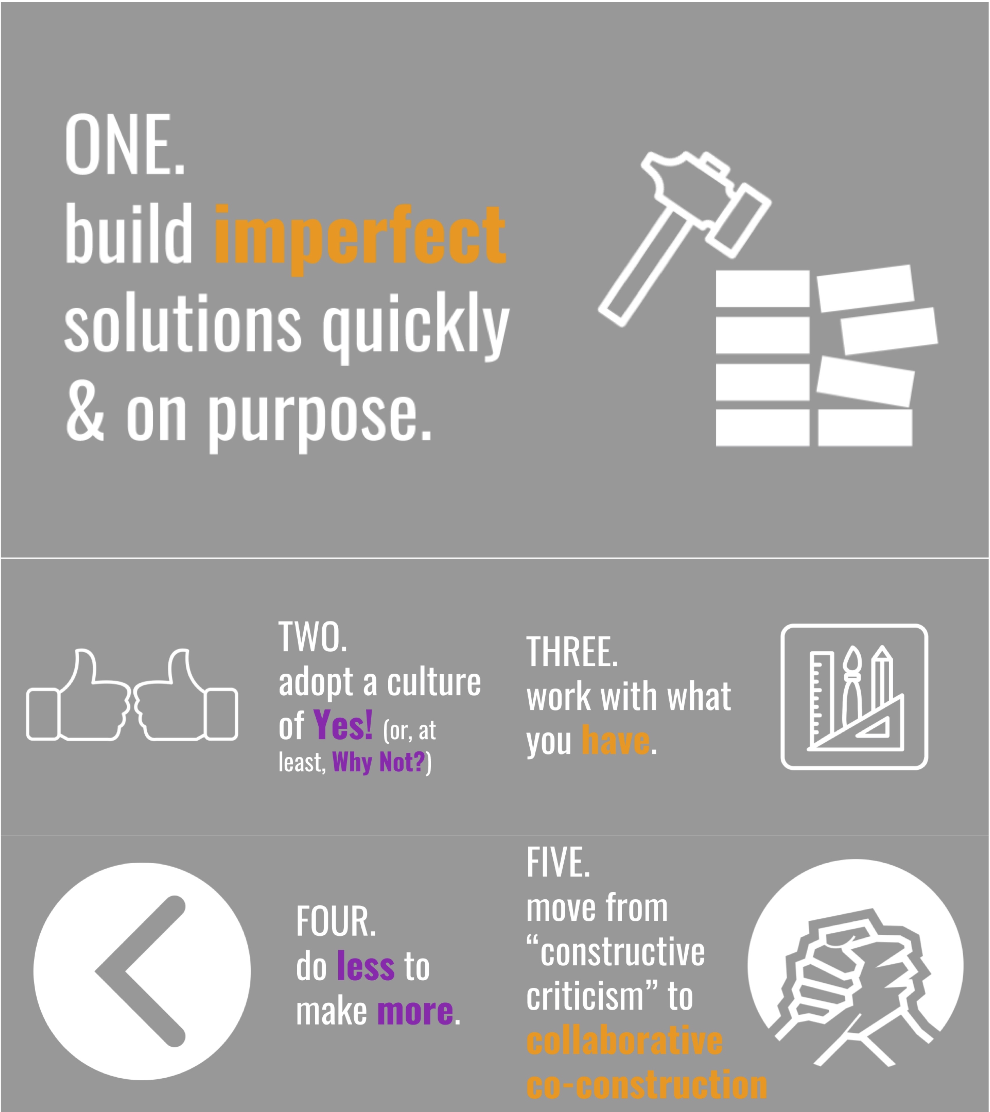 An example of a design manifesto: Build imperfect solutions quickly and on purpose. adopt a cutlure of Yes! (or at least, why not?). Work with what you have. Do less to make more. Move from constructive criticism to collaborative co-construction.